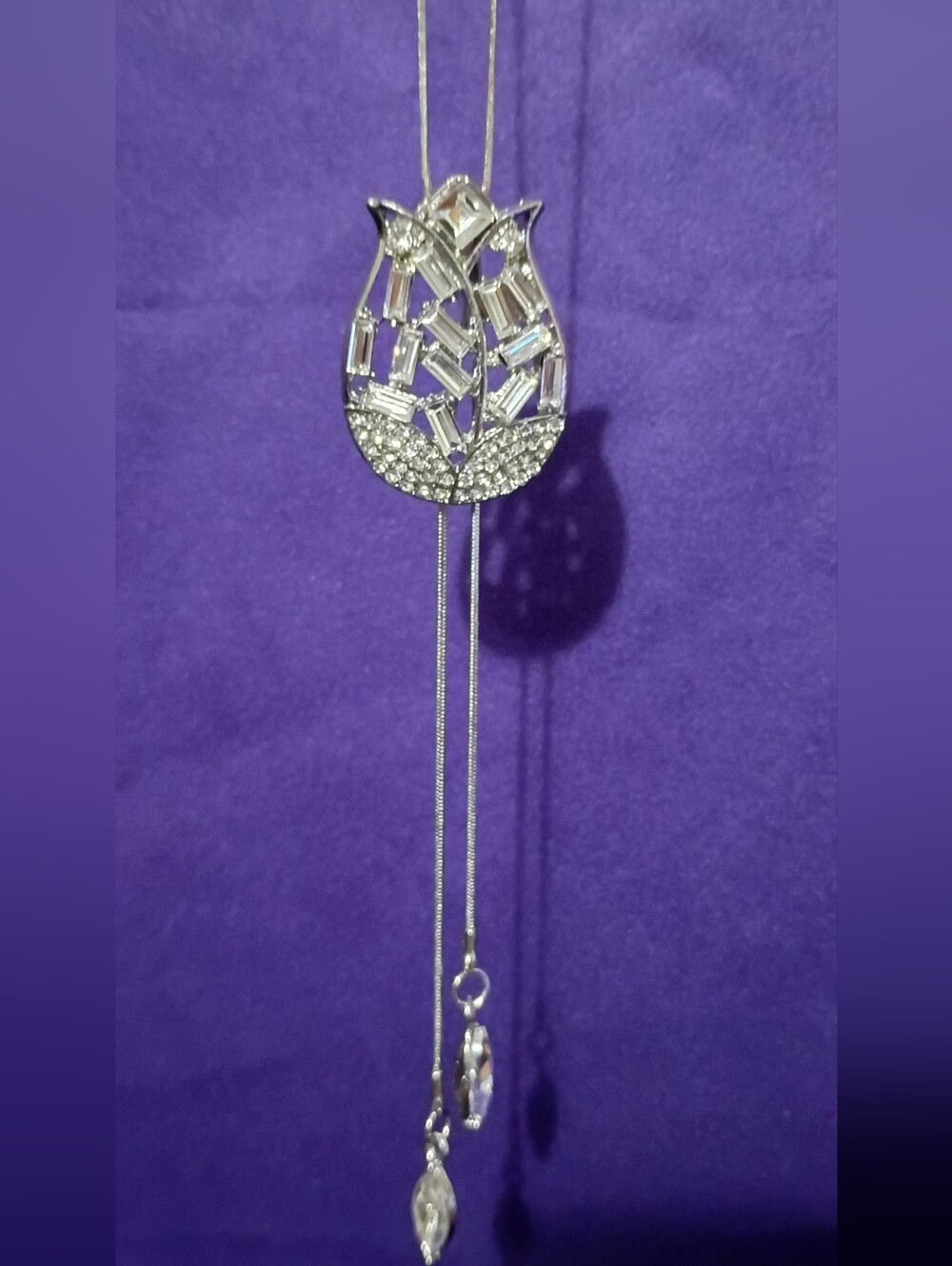 Silver Crystal Tulip Lariat Necklace - Sparkling Silver Tone